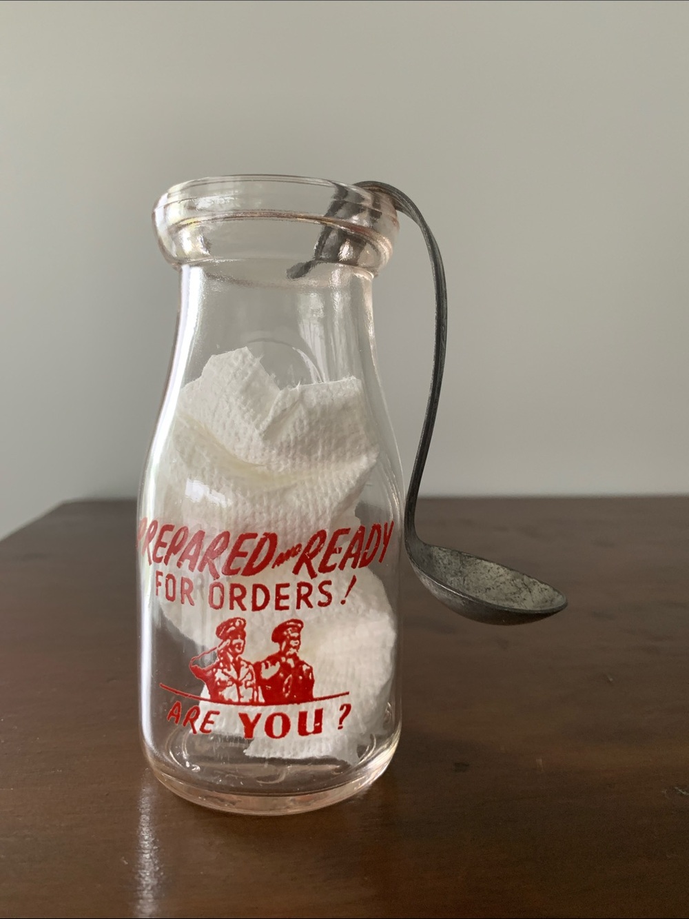 Vintage 1950’s Half Pint Glass Milk Bottle and Metal Cream Top Spoon